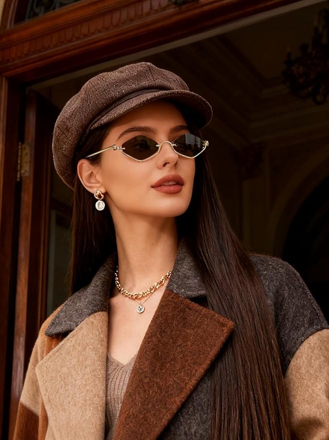 Retro Y2k Sunglasses for Women Men,Trendy Semi-Rimless Sun Glasses Irregular Narrow Gold Sunnies UV400
