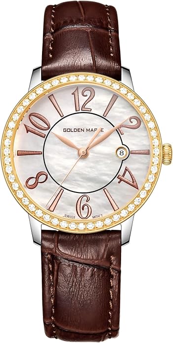 GOLDEN MAPLE Dainty Watches for Women, Mother-of-Pearl Dial and Swiss Quartz Movement, Ladies Watch with Leather Strap