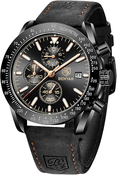 BY BENYAR Watch for Men Analog Quartz Chronograph Waterproof Luminous Designer Mens Wrist Watches Business Work Sport Casual Dress Watch with Silicone Strap Elegant Gifts for Men