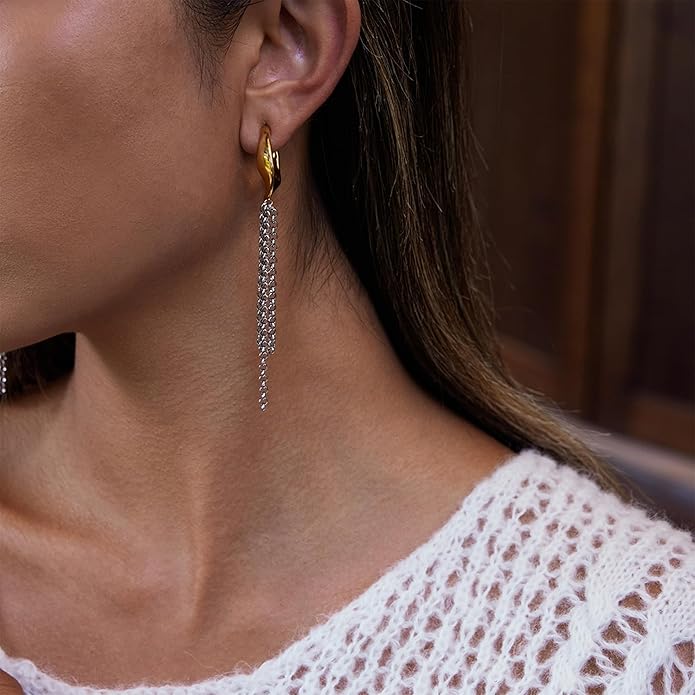 Tassel Chain Hoop Earrings for Women Trendy Two Tone Dangling Chain Earrings Hypoallergenic Fashion Jewelry Gifts