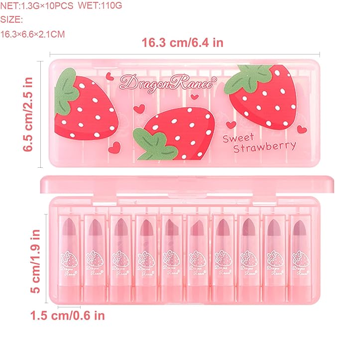 10 Pcs Lip Tint Set Cute Glossy Lip Stains and Matte Lipsticks with Long-lasting and Quick-drying Mini Lip Gloss Lipstick for Makeup Gift (Strawberry, Lipstick)