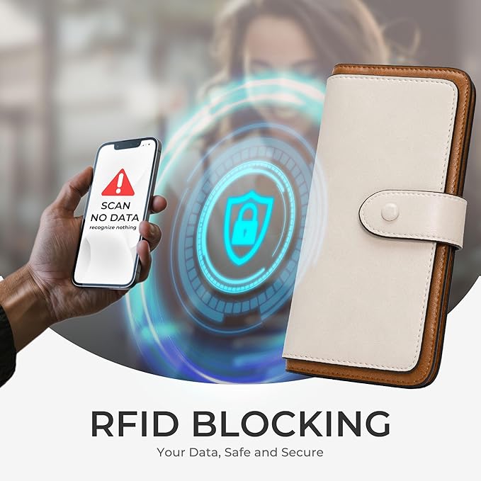 RFID Blocking Leather Wallet for Women, Slim Trifold with 14 Card Slots and Zipper Pocket (White&Brown)