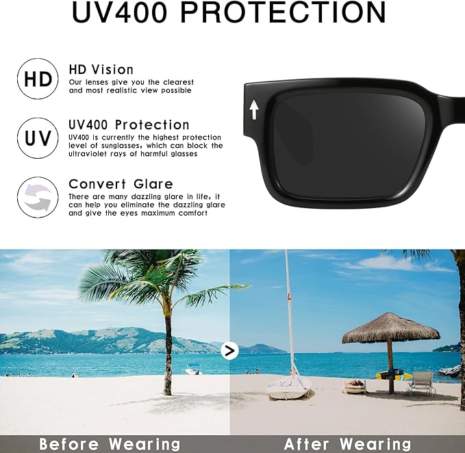 YDAOWKN Square Frame Sunglasses for Women Men Trendy Chunky Rectangle Sun Glasses Black Shades UV400 Protection
