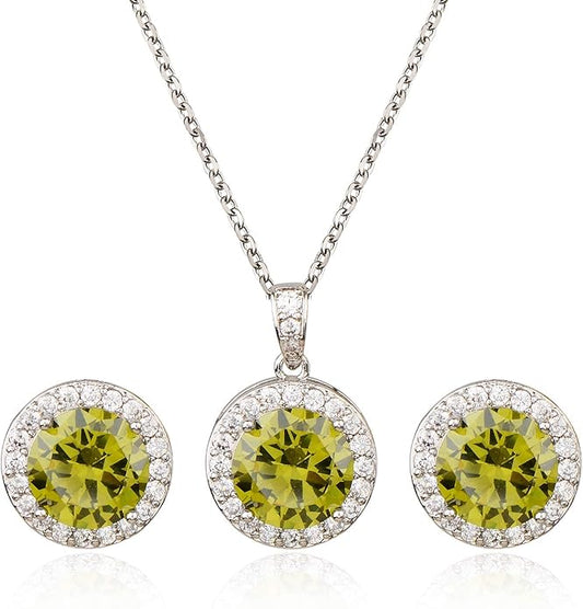 Bridal Crystal Jewelry Set - Sterling Silver Round Cubic Zirconia CZ Rhinestone Halo Birthstone Pendant Necklace Stud Earrings Set for Wedding Bride Bridesmaids Birthday Gift