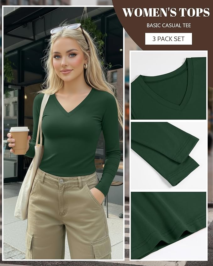 Ficerd 3 Pack Women's Long Sleeve Shirts, V Neck Basic Tees Slim Fitted Casual Fall Tops Going Out Blouses T Shirts
