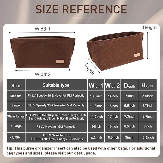 Doxo Purse Organizer Insert for Handbags Tote Felt Bag Organizers Compatible with CIity33 Neverfull MM (Large-Brown)