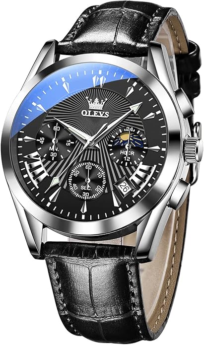 OLEVS Men's Casual Leather Watch, Big Face Chronograph Watch for Men, Fashion Easy to Read Dress Watch, Men's Waterproof Luminous Date Analog Watch, Gold/Black/White/Blue Dial