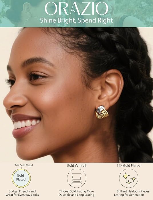 ORAZIO Chunky Gold Plated Knot Earrings for Womens Trendy 925 Silver Statement Lightweight Dangle Drop Hypoallergenic Large Geometric Stud Earring Jewelry for Women