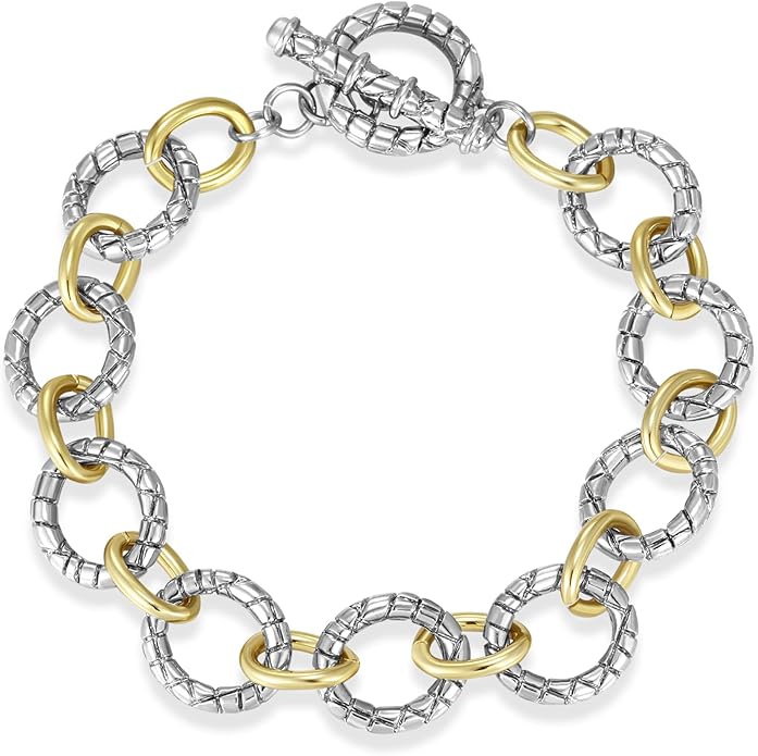 Mytys Link Bracelet for Women Gold and Silver 2 tone Circles Chain Wire Bangle Bracelets