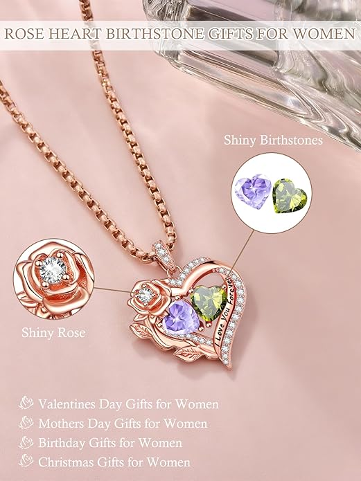 Rose Heart Necklaces for Women, Rose Gold Forever Love Jewelry with 2 Birthstones Pendant, Christmas Anniversarry Birthday Gifts for Her Wife Mom Grandma, 18+2 Inch Chain