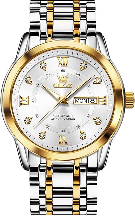 OLEVS Men's Stainless Steel Watch, Large Face Roman Numerals Diamond Accented Three-Hand Analog Quartz Watches for Men, Easy to Read Day Date Waterproof Luminous Mens Wristwatch