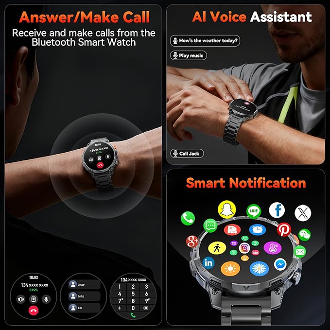 Military Smart Watches for Men,1.75″ Smartwatch with 100-Day Ultra-Long Battery/Flashlight,Fitness Watch for Heart Rate/Sleep/Calling/110+ Sports Mode Smart Watch for Android iOS 1000 mAh