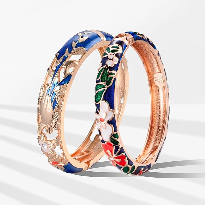 wynameleri Vintage Cloisonne Jewelry Gorgeous Rhinestone Handcrafted Bracelets Enamel Flower Bird Hinged Cuff Bangles Gifts 88A