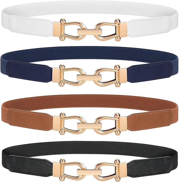 WERFORU Women Skinny Belt for Dresses Retro Stretch Waist Belt with Gold Buckle Set of 4