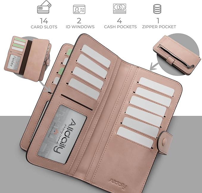 RFID Blocking Leather Wallet for Women, Slim Trifold with 14 Card Slots and Zipper Pocket (Dark Pink)