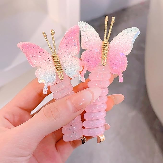 6PC Pearl Butterfly Telephone Wire Hair Ties – Spiral Elastic Bubble Ponytail Hair Bands for Women & Girls, No Damage, Soft & Stretchy Hair Accessories for High Ponytails and Braids (set-F)