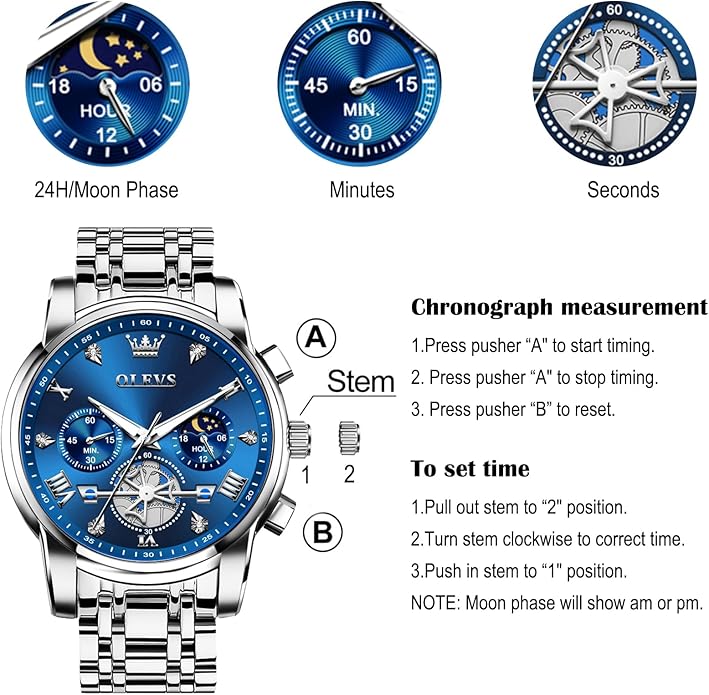 OLEVS Men Watches Stainless Steel Chronograph Watch, Large Wrist Analog Quartz Watch, Fashion Waterproof Diamond Roman Numerals Dress Watches for Men, Gold/Black/White/Blue/Grey Dial