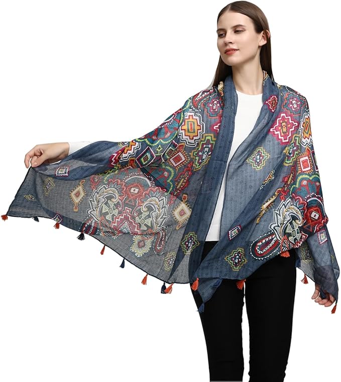 Yeieeo Boho Scarf for Women Lightweight Floral Printed Scarf Fall Winter Fashion Fringed Shawl