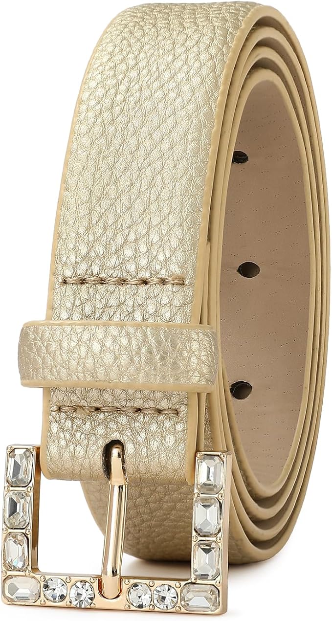 Women Casual Leather Gold Belt for Jeans Pants, Fashion Ladies Girls Gold Faux Leather Waist Belt