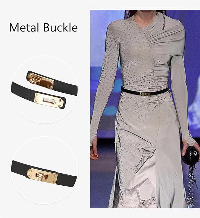Women's Skinny Leather Belt with Adjustable Silver Turn-Lock Buckle - Ideal for Dresses, Jeans, and Coats, Black