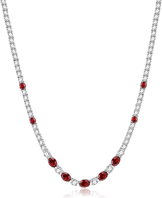 FANCIME Sterling Silver Tennis Necklace 4mm 18 inch Birthstone Necklace with 6 * 8mm Oval Gemstone Luxury Fine Birthday Jewelry Gifts for Women