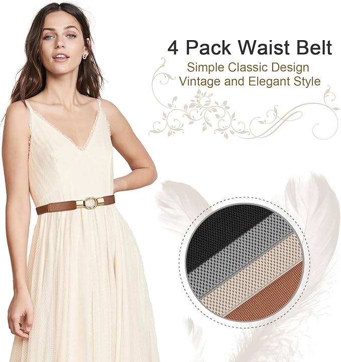 WERFORU Women Skinny Belt for Dresses Retro Stretch Waist Belt with Gold Buckle Set of 4