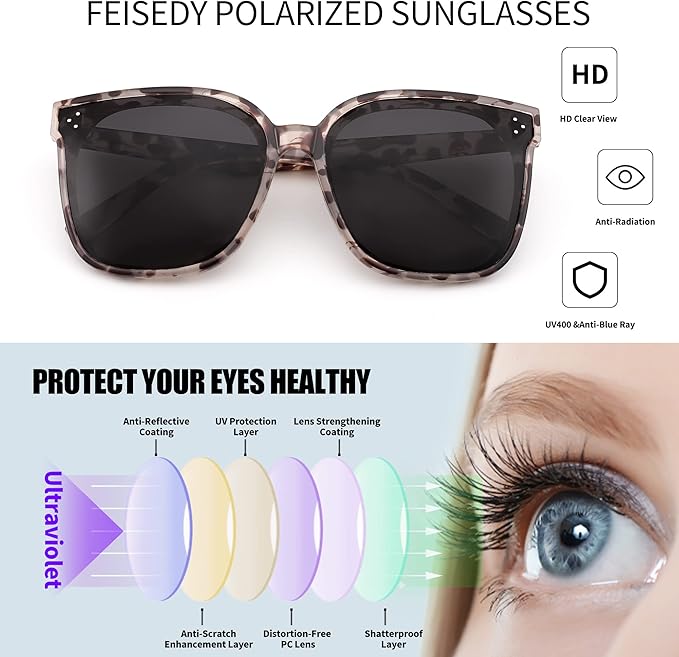 FEISEDY Oversized Polarized Sunglasses - UV400 Protection, Square Fashion Sun Glasses for Outdoor & Daily B2600