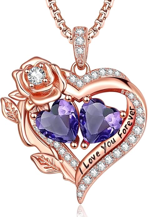 Rose Heart Necklaces for Women, Rose Gold Forever Love Jewelry with 2 Birthstones Pendant, Christmas Anniversarry Birthday Gifts for Her Wife Mom Grandma, 18+2 Inch Chain