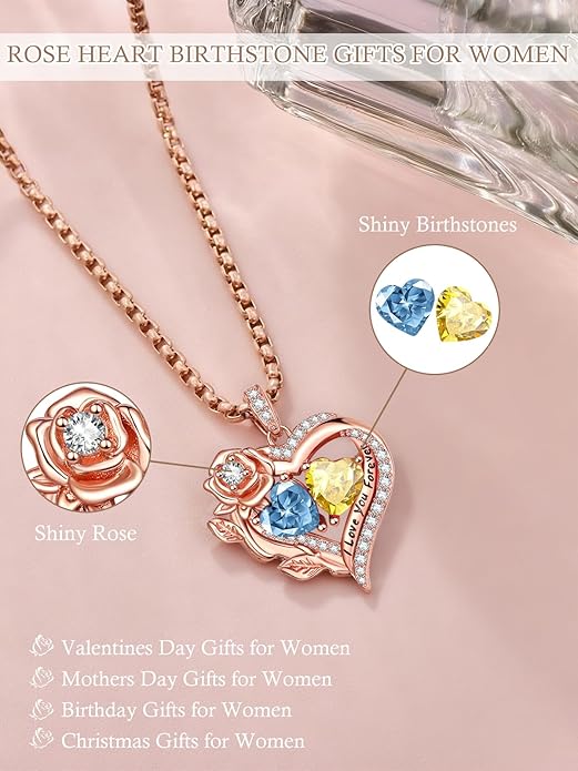 Rose Heart Necklaces for Women, Rose Gold Forever Love Jewelry with 2 Birthstones Pendant, Christmas Anniversarry Birthday Gifts for Her Wife Mom Grandma, 18+2 Inch Chain