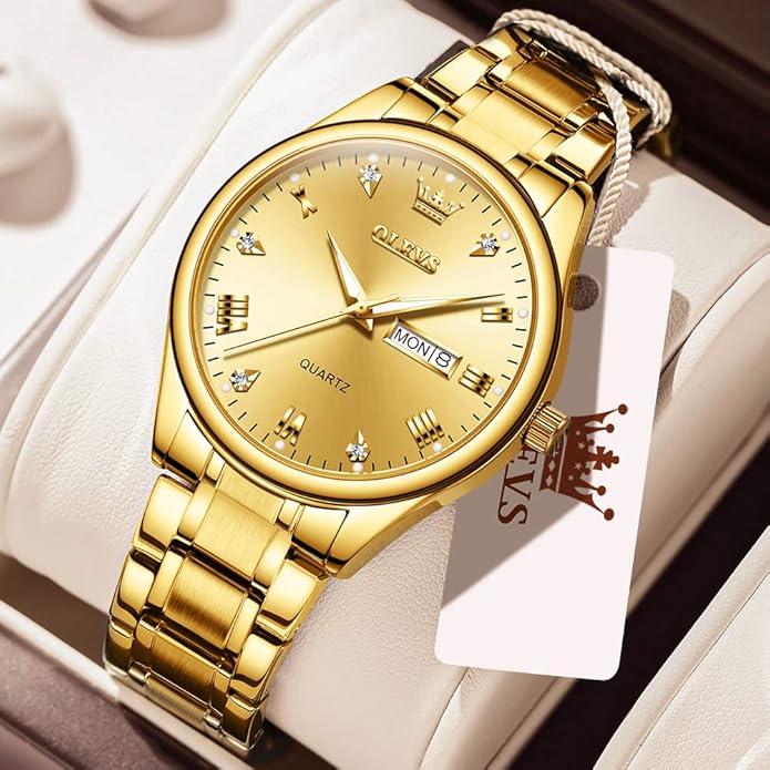 Men's Casual Stainless Steel Watch, Big Face Easy to Read Analog Quartz Watch with Day and Date, Classic Waterproof Diamond Roman Arabic Numerals Dial Dress Watch for Men, Gold Silver Black Band