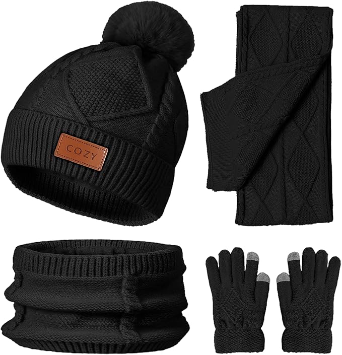 4 Pieces Winter Hat Scarf Glove Set for Women,Fleece Lined Beanie with Pom Pom,Touchscreen Gloves Knit Scarf for Cold Weather