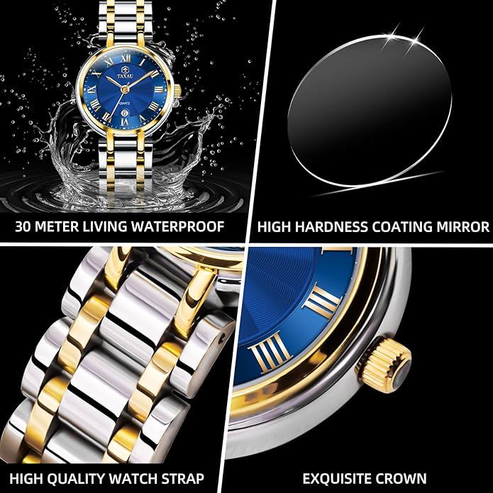 Gold Silver Two Tone Women Stainless Steel Watch Small Wrist ElegantDress Watch for Women Fashion Luxury Waterproof Day Date Analog Quartz Ladies Watches