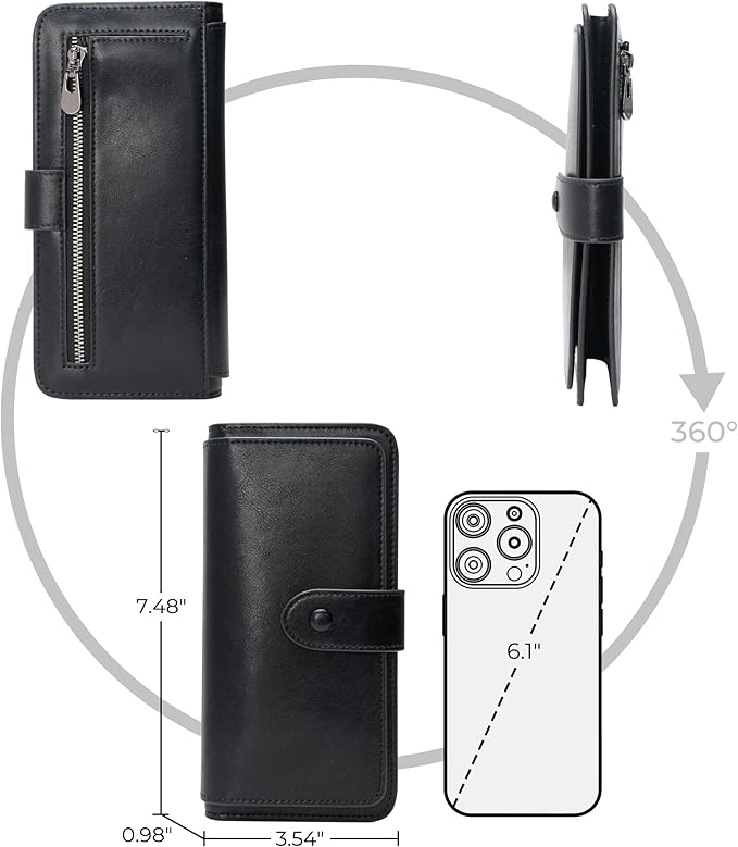 RFID Blocking Leather Wallet for Women, Slim Trifold with 14 Card Slots and Zipper Pocket (Black)