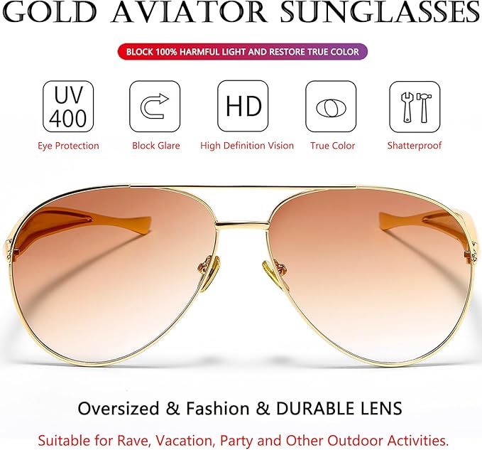 AIEYEZO Gold Aviator Sunglasses for Women Men Oversized Thick Frame Sun Glasses Fashion Retro Sardine Pilot Shades