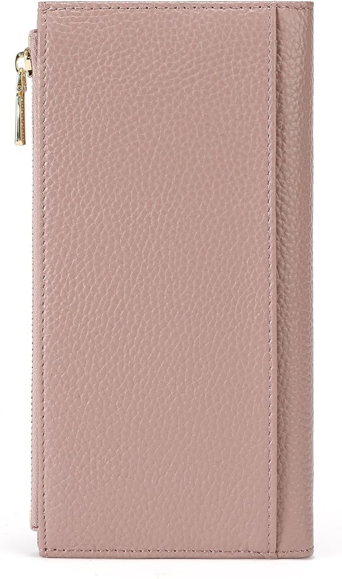 Slim Blue Wallet for Women, RFID Blocking Genuine Leather Bifold with Secure Zippered Coin Pocket (Pink)