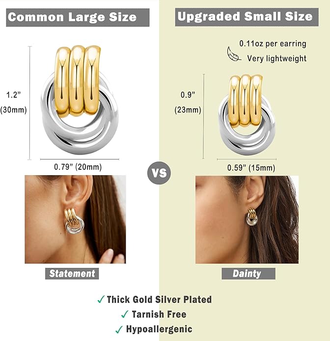 Chunky Small Knot Earrings Gold Silver Geometric Earrings for Women Dainty Gold and Silver Plated Dangle Drop Earrings Hypoallergenic and Lightweight Fashion Trendy Jewelry Gifts