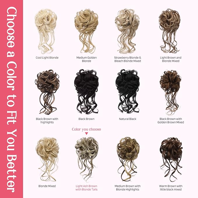 HOOJIH 2 Pack Curly Wavy Messy Bun Hair Extensions, Light Ash Brown with Blonde Mixed, Heat Resistant Fiber, Easy Clip-In Installation
