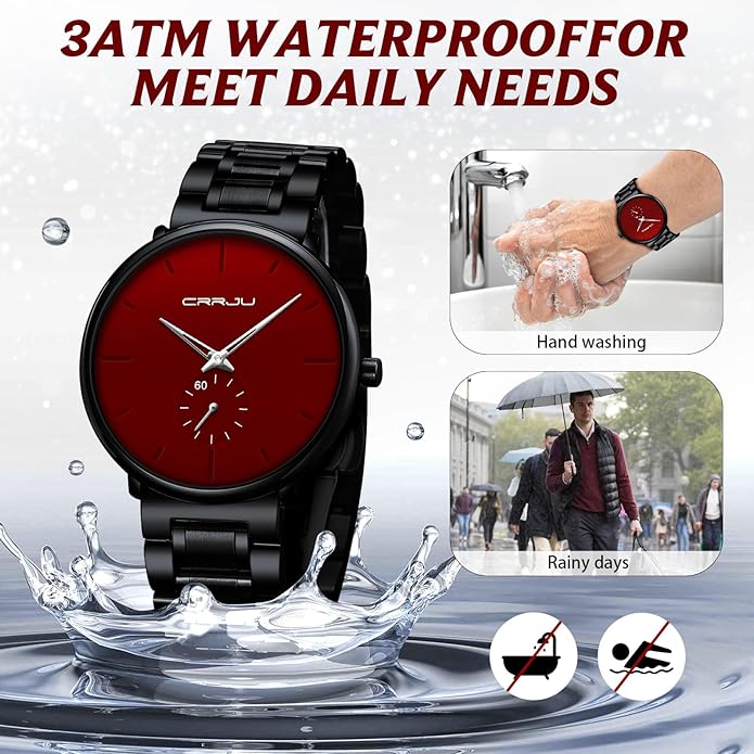 Mens Watches Ultra-Thin Minimalist Waterproof-Fashion Wrist Watch for Men Unisex Dress with Stainless Steel Mesh Black Red