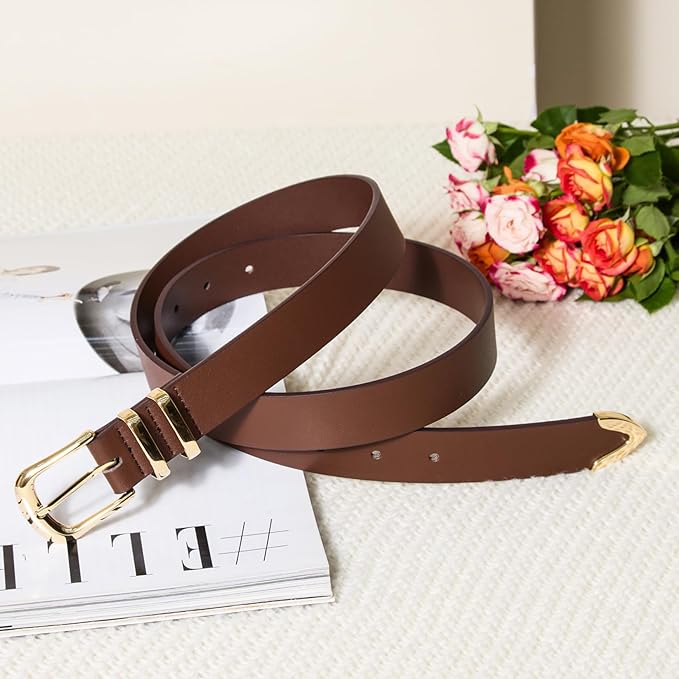 VATAN Women Leather Belt for Jeans Dresses Pants Fashion Ladies Casual Waist Belt with Gold Buckle