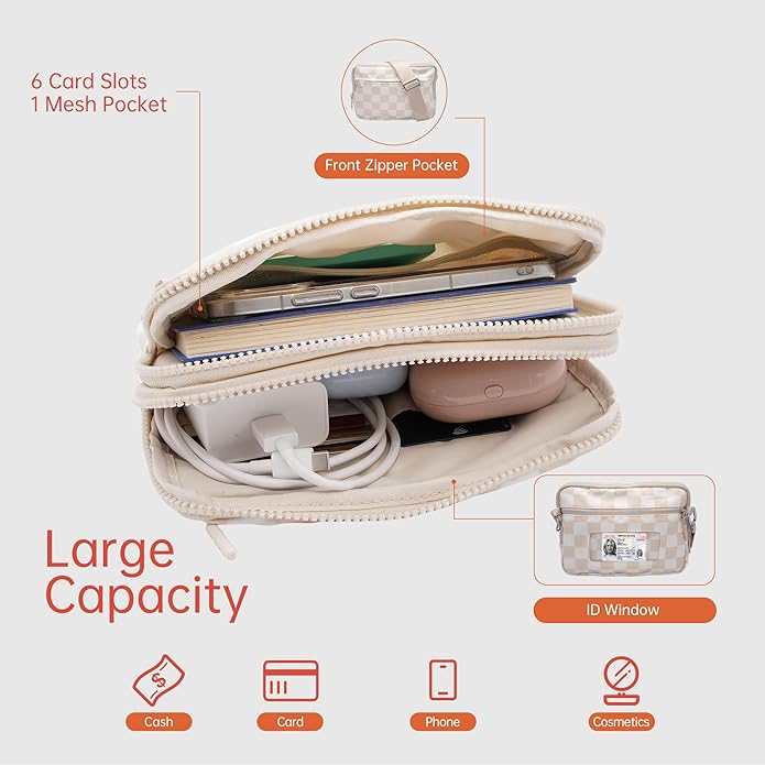 Wristlet Wallets for Women Checkered Nylon Quilted Wallet Travel Crossbody Bags with 4 Zippers Coin Card Phone Holder