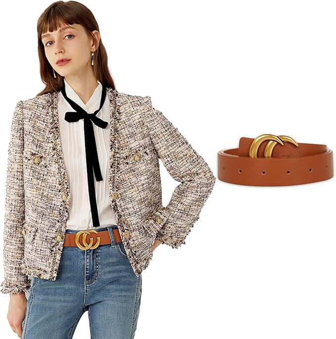 Women's Fashion Classic Metal Buckle Leather Belt with Jeans Dress