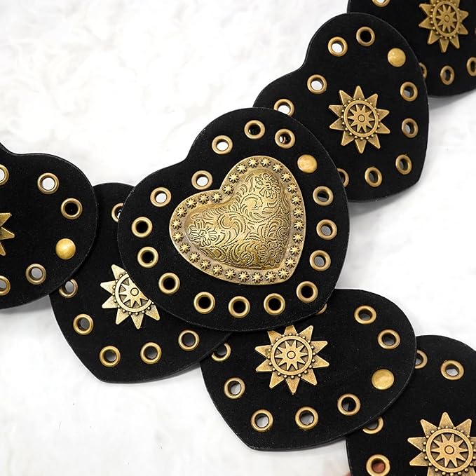 Wide Disc Belt for Women Vintage Hollow Boho Leather Belt Western Chunky Waist Belt Cowboy Metal Buckle Concho Belts
