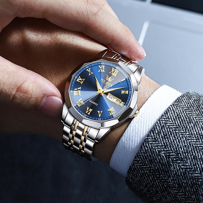 OLEVS Classic Men Watches with Date,Stainless Steel Man Watch with Date, Bussiness Watches for Men,Luminous Quartz Mens Watches Black/White/Blue/Gold, Waterproof Male Watch with Week