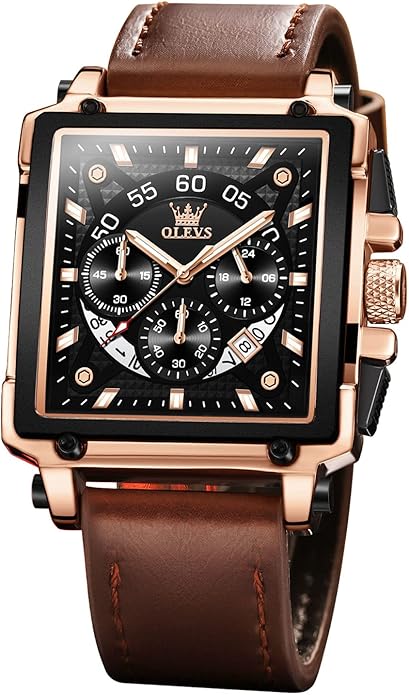 OLEVS Men's Casual Leather Watch, Big Face Chronograph Watch for Men, Fashion Easy to Read Dress Watch, Men's Waterproof Luminous Date Analog Watch, Gold/Black/White/Blue Dial