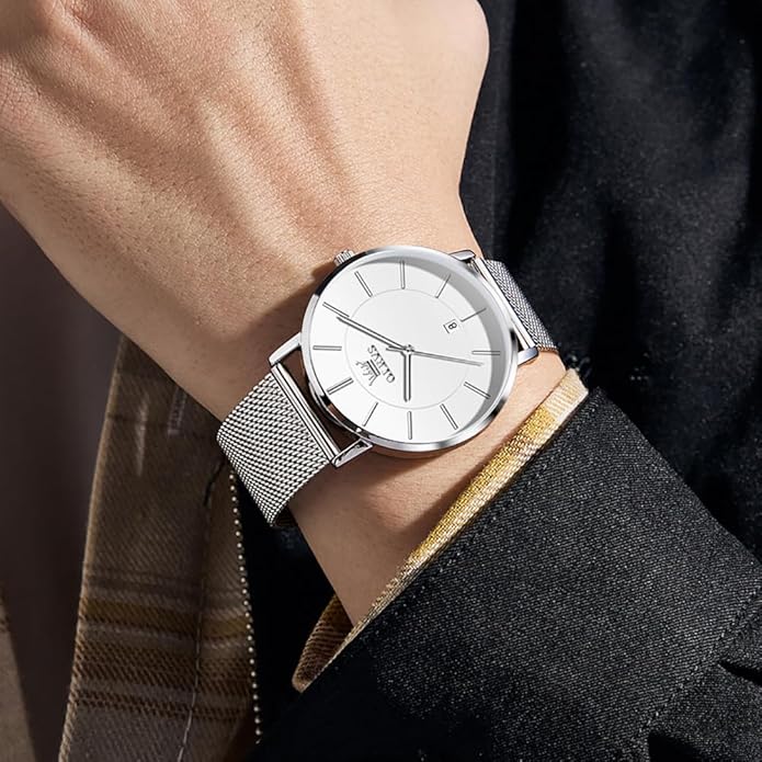 OLEVS Mens Watches Minimalist Ultra Thin Fashion Casual Analog Quartz Date Watch Waterproof Slim Simple Big Face Dress Wrist Watch Leather Band for Men