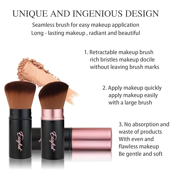 Retractable Kabuki Makeup Brushes 2 Pcs Blush Brushes Set Portable Powder Brushes with Flat and Angled Top for Liquid Cream Girls Cosmetics Travel, Large/1.18inch, Rose Gold