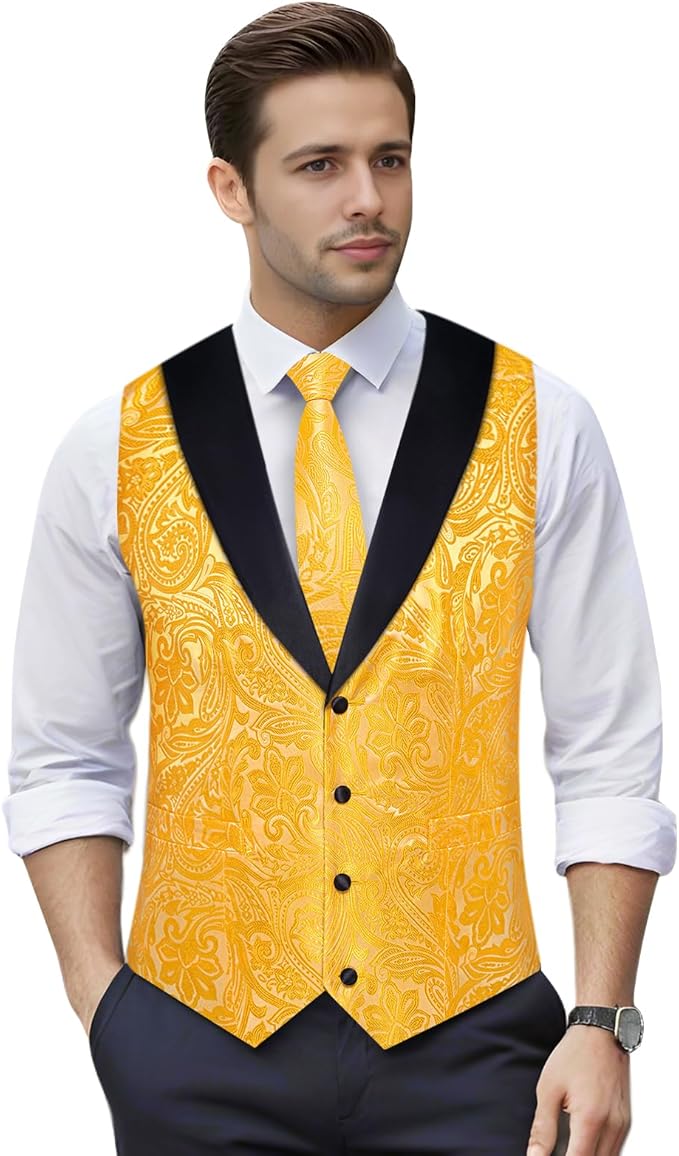 DiBanGu Mens Paisley Suit Vest Silk Jacquard Waistcoat and Necktie Set Formal Shawl Collar Dress Vest 7PCS for Wedding Party
