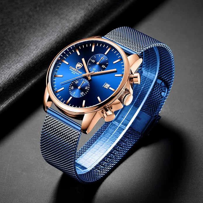 GOLDEN HOUR Mens Watch Fashion Sleek Minimalist Quartz Analog Mesh Stainless Steel Waterproof Chronograph Watches for Men with Auto Date
