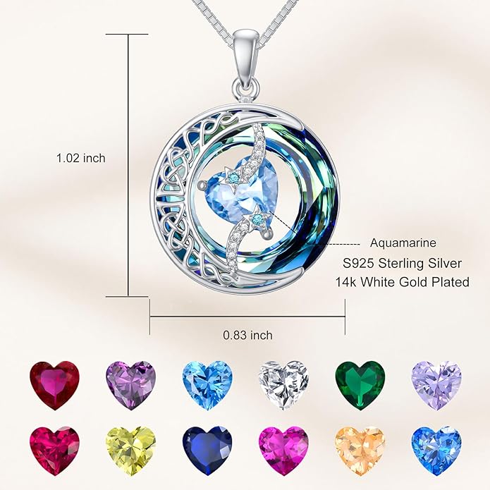TOUPOP Birthstone Necklace 925 Sterling Silver Moon and Star Pendant with Blue Crystal Celtic Moon Jewelry Birthday Valentines Day Gifts for Women Mom Wife Her