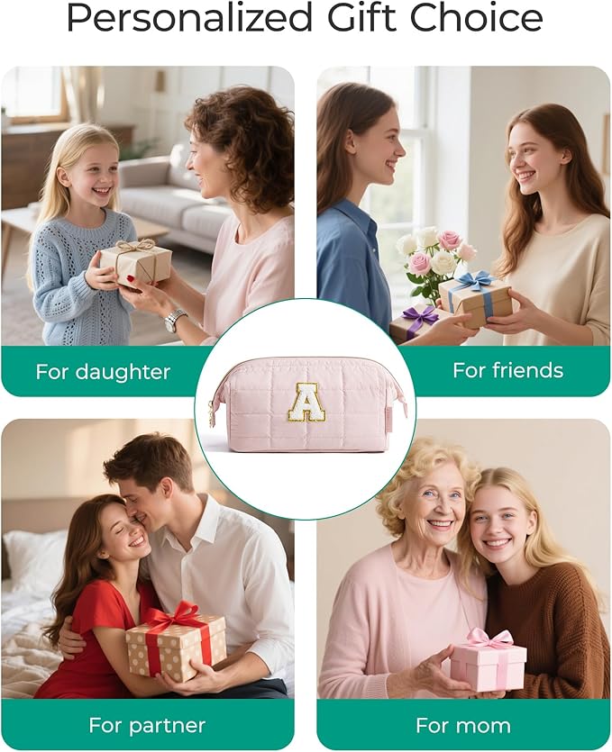 BAGSMART Birthday Gifts Personalized Initial Makeup Bag, Trendy Stuff Gifts for Women Bridesmaid Graduation, Puffy Padded Make Up Bags for Women, Wide-open Toiletry Bag, Pink J